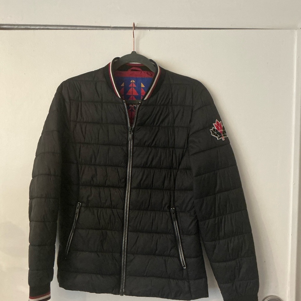 Women’s Moose Knuckles Black Quilted Bomber Jacket with Maple Patch